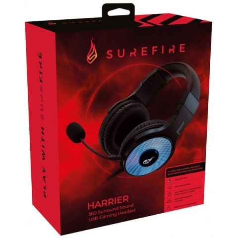 Surefire Harrier 360, słuchawki z odłączanym mikrofonem, przewodowaczarna, 7.1 surround sound (Virtual), USB Surefire Harrier 360, słuchawki z odłączanym mikrofonem, przewodowaczarna, 7.1 surround sound (Virtual), USB