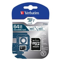 Verbatim Karta pamięci Micro Secure Digital Card Pro U3, 64GB, micro SDXC, 47042, UHS-I U1 (Class 10), z adapterm Verbatim