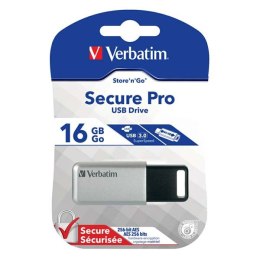 Verbatim USB flash disk, USB 3.0, 16GB, Secure Pro, Store N Go, srebrny, 98664, USB A, szyfrowanie AES 256-bit, wysuwane złącze Verbatim